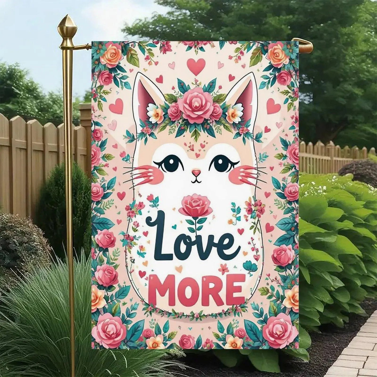 Love More Cute Floral Cat Face Pink Rose Heart Pastel Background Romantic Cottage Garden Flag Double-Sided 12x18in, Cat Lover Sweet Lawn Decor Banner