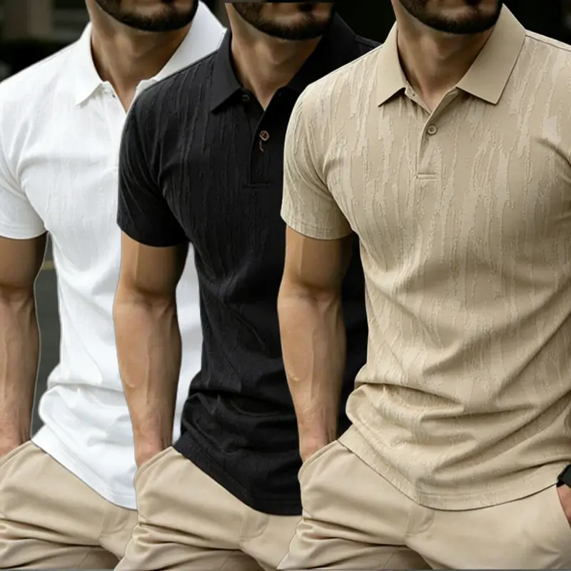 Men's Plus-Size V-Neck Loose Oversized Stretchy Breathable Shortsleeve Polo Shirt - Menswear Top, Polyester-Spandex Fabric, Gray+Black+White+Khaki+Blue, for Casual+Business Wear, Button-Front Placket Design