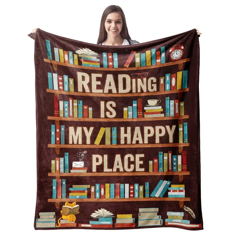 Cozy Flannel Book Lover Throw Blanket - "Reading is My Happy Place" Design, Modern, Soft Warm, Machine Washable, Brown with Colorful Bookshelf Patterns, Perfect Adult Gift for Bibliophiles (Birthdays, Christmas, Graduation)
