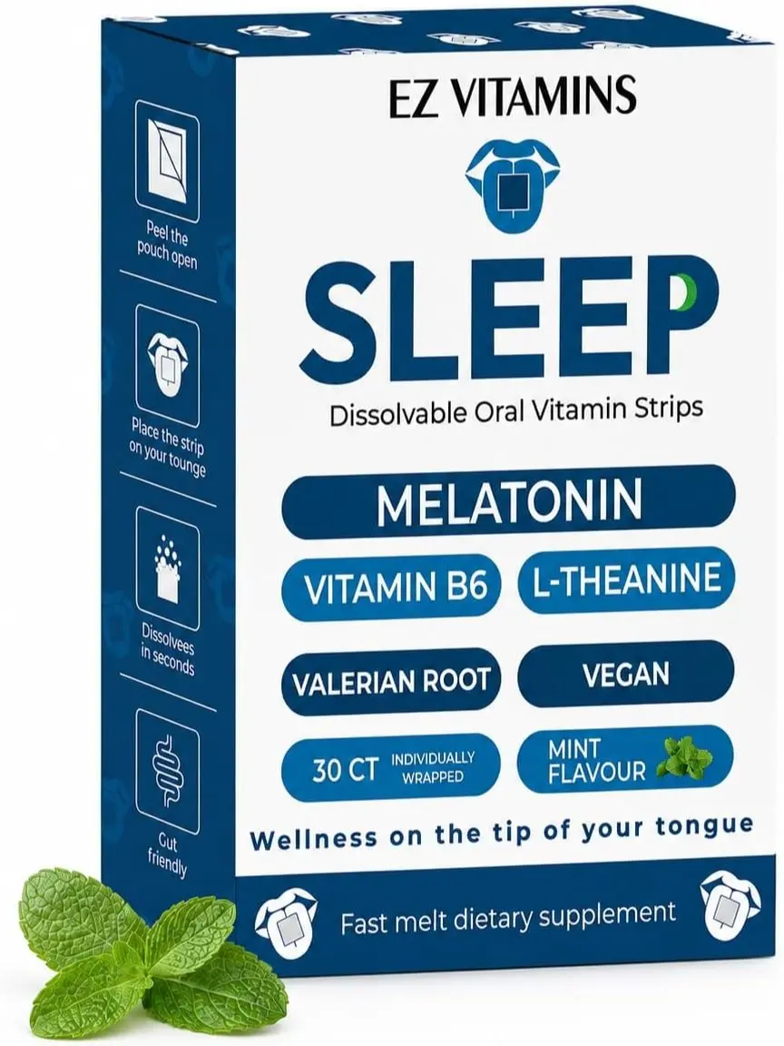 EZ VITAMINS Sleep Strips with Melatonin 30 Count, Vitamin B6, L-Theanine & Valerian Root - Fast-Dissolving Oral Sleep Aid Strips, Vegan, Mint Flavor, 30 Count Individually Wrapped Healthcare Natural Fitness Supplement