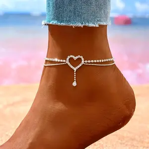 Handmade Shiny Double Layer Silvery Heart Drop Rhinestone Hollow Heart Tassel Anklet Sparkling Foot Chain Vacation Beach Jewelry Gift for Women