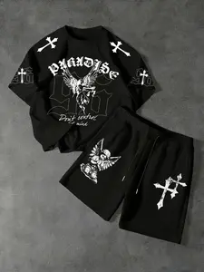 Men's Dark Angel Cross Print Round Neck Tee + Shorts Set, Casual Summer Sports, Loose-Fitting Graphic Letters Pattern, Two-Piece Ensemble