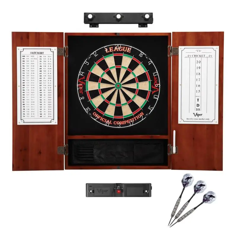 17.75 In Compressed Sisal Fiber Dartboard Cabinet Set - Cinnamon Finish Pine Cabinet, Adjustable Laser Throw Line, Dartboard Light, Prevents Piercing, for Unisex Adults Rec Room, Requires 4 AA Batteries