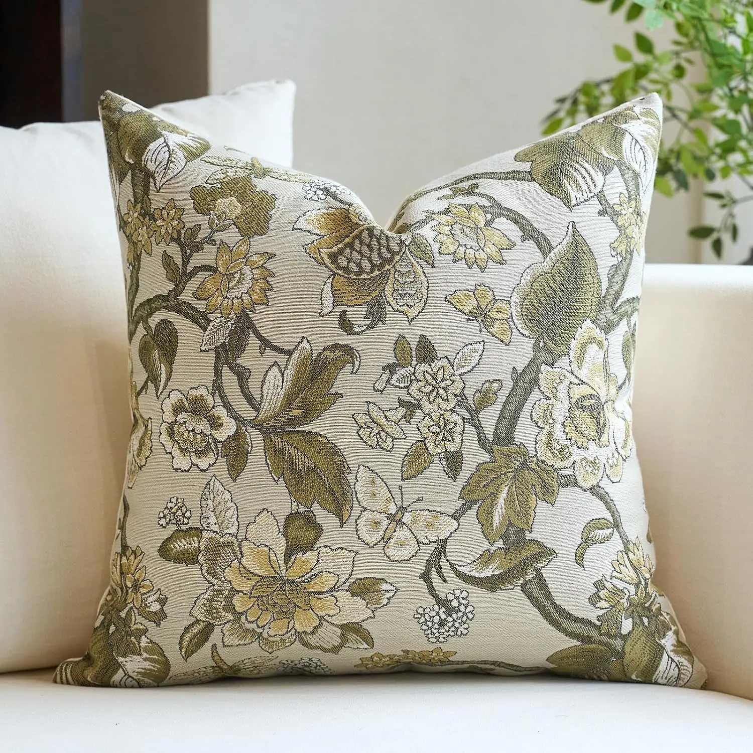 Vintage Floral Butterfly Throw Pillow Covers 18x18 Inches Set of 2, Envelope Closure Cushion Covers No Zipper for Sofa Home Decor