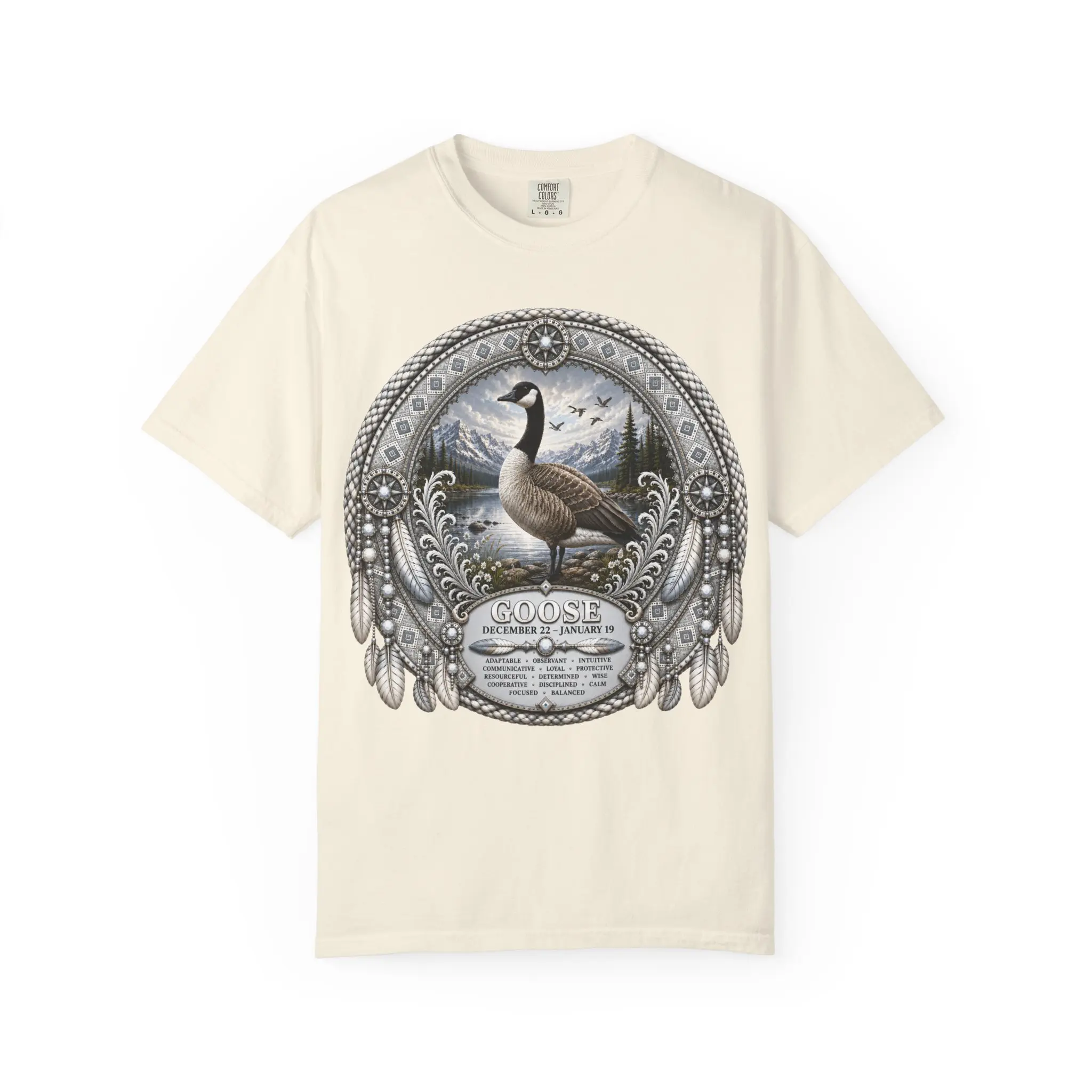 Canada Goose Illustration T-shirt | Vintage Ornate Frame, Mountain Lake Scene