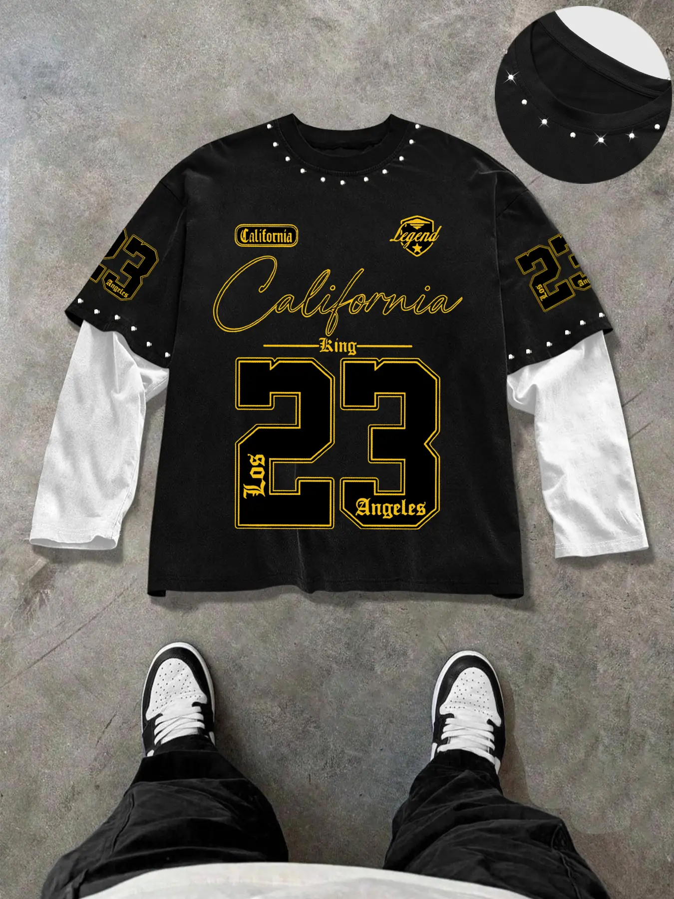 Men's Two-Piece Long Sleeve Fitted T-Shirt, Casual American Street Style, Streetwear, 23 Number Graphic Print + Stud Design, Comfortable Fabric, Hip-Hop Fashion