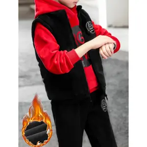 Boys' Three-piece Set with Velvet Thickened Hoodie, Pants and Vest for Warmth ABc