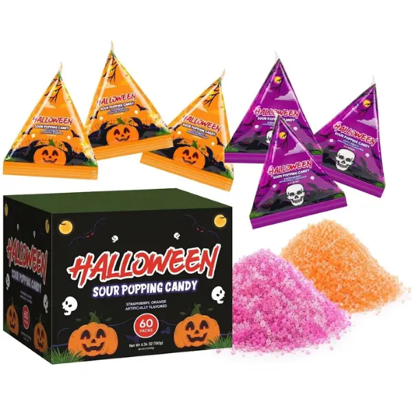 60 Pack Individually Wrapped Halloween Sour Popping Candy Snack, Bulk Trick-or-Treat Treats for Kids, Halloween Party Favors, Classroom Goodie Bag