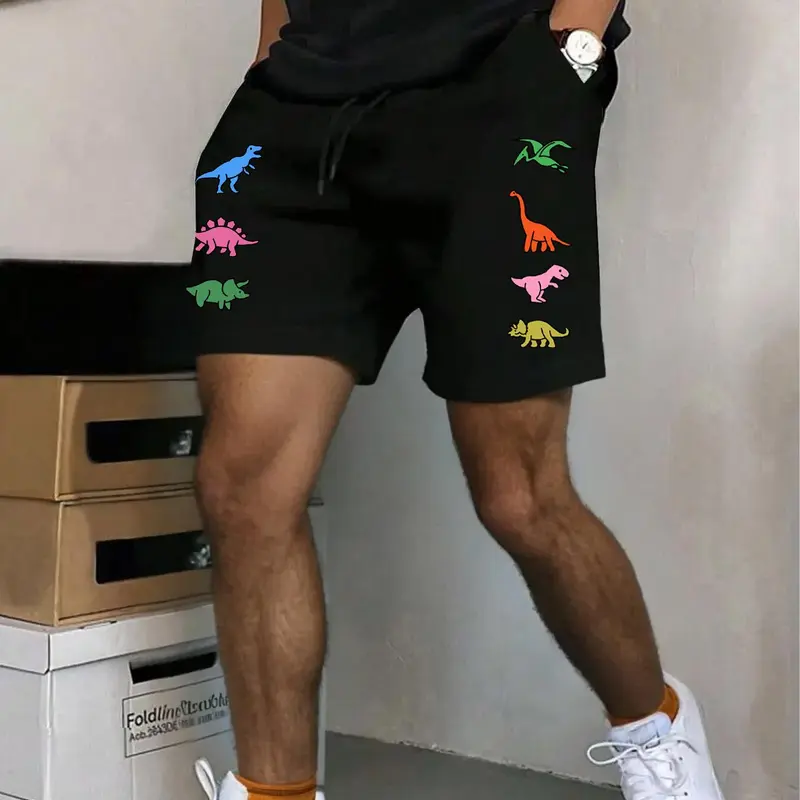 Men's Dinosaur Print Shorts, Casual Comfy Breathable Relaxed Fit Loungewear Shorts for Daily Wear, Mens Underwear for Summer