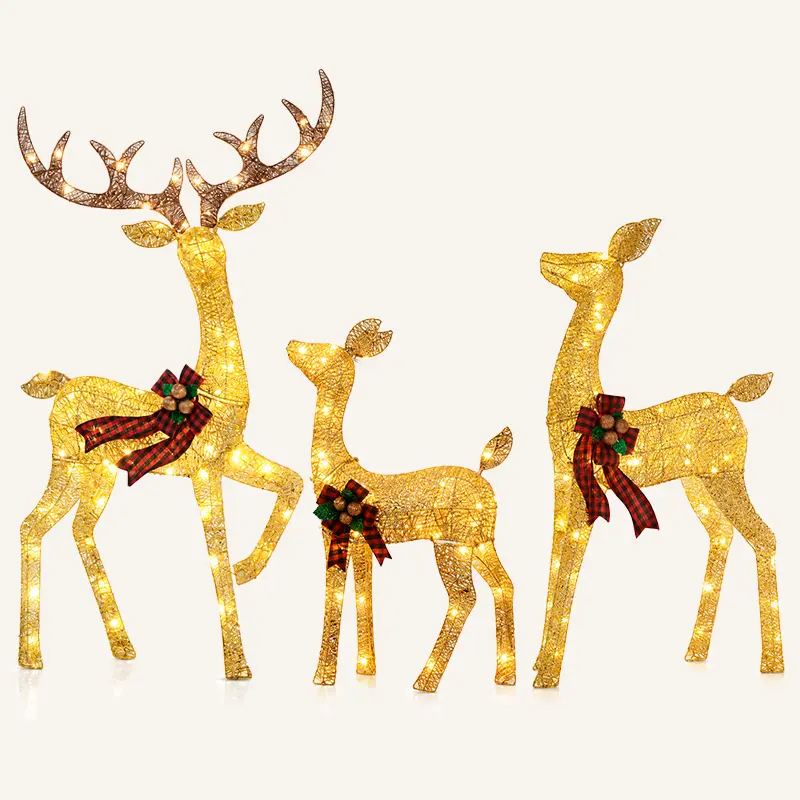 NAVINE Light Up 3-Deer Family Set Christmas Outdoor Decor, 4.8Ft Durable Metal-Frame 3D Deer Decor, 210 LED Lights, Cotton-Ribbon Red Bows, 8 Ground Stakes, Outdoor Safe Yard Patio Festive Decoration