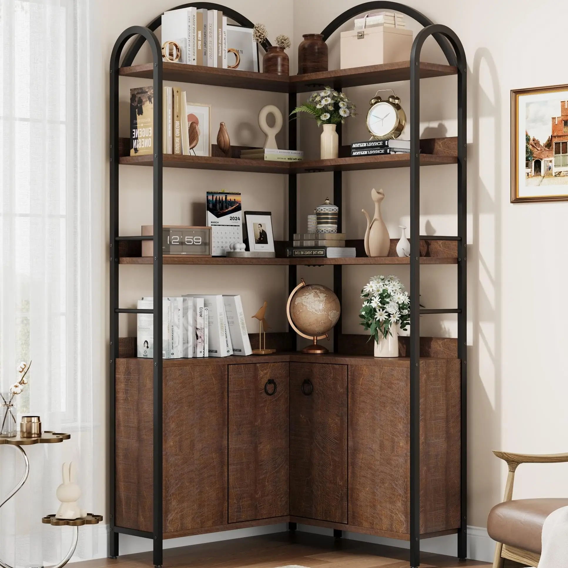 74.5" Corner Bookshelf with Storage Cabinet, 6 Tier Arched L Shaped Bookcase with Metal Frame, Large Industrial Corner Shelf for Living Room, Bedroom