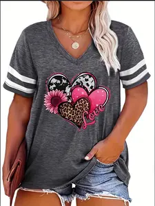 Women's Leopard Heart & Floral Print Contrast Binding V Neck Jersey Tee, Casual Chic Fashion Plus Size Loose Fit Short Sleeve Polyester T-shirt for Summer, Women's Plus Clothing for Daily Wear