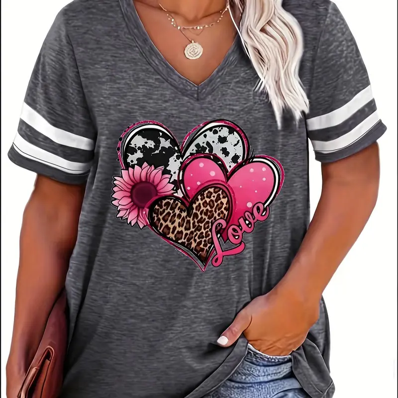 Women's Leopard Heart & Floral Print Contrast Binding V Neck Jersey Tee, Casual Chic Style Fashion Plus Size Loose Fit Short Sleeve Polyester T-shirt for Summer, Women's Plus Clothing for Daily Wear Top