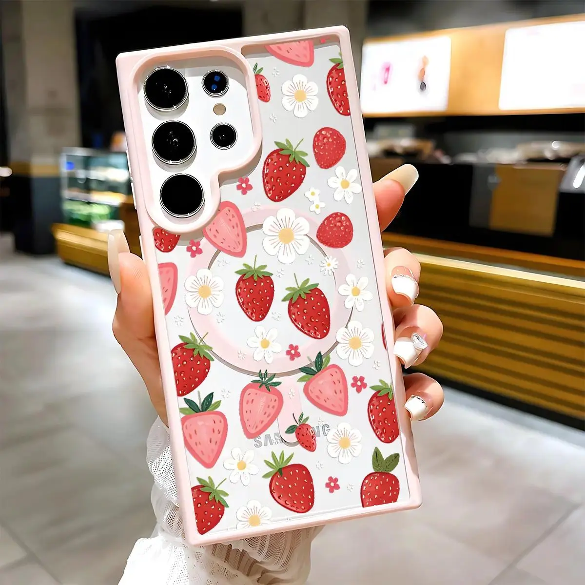 Strawberry Daisy Pattern Clear Magnetic Phone Case, Compatible with MagSafe Silicone Bumper Protective Cover For Samsung S26 S25 S24 S23 S22 Ultra Plus FE Cute Flower Girly