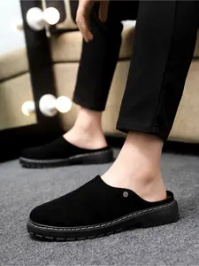 Men's loafers for commuting: black suede cowhide, thick sole, flat heel, ultra-simple clean line,Closed Toe (baotou - meaning covering the toes) mules Footwear
