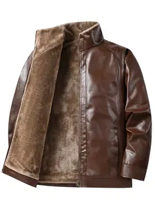 Men's Fall Winter PU Leather Jacket, Fleece Lined, Zipper Windproof Coat, Zippered Jacket, Casual Long Sleeve Outerwear with Pockets