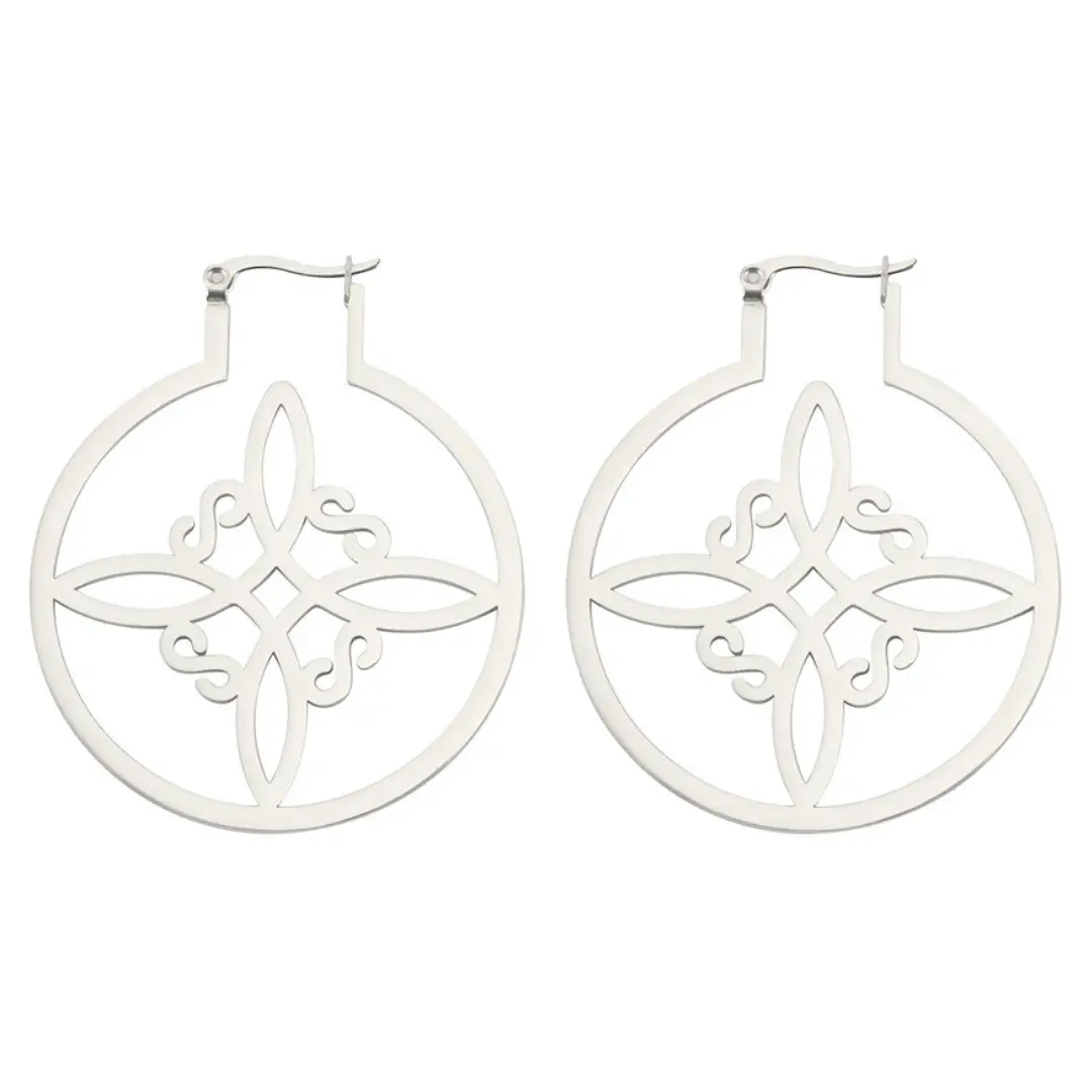FIMENESS WITCH KNOT 50MM HOOP EARRINGS SILVER TONE STAINLESS STEEL NON TARNISH JEWELRY