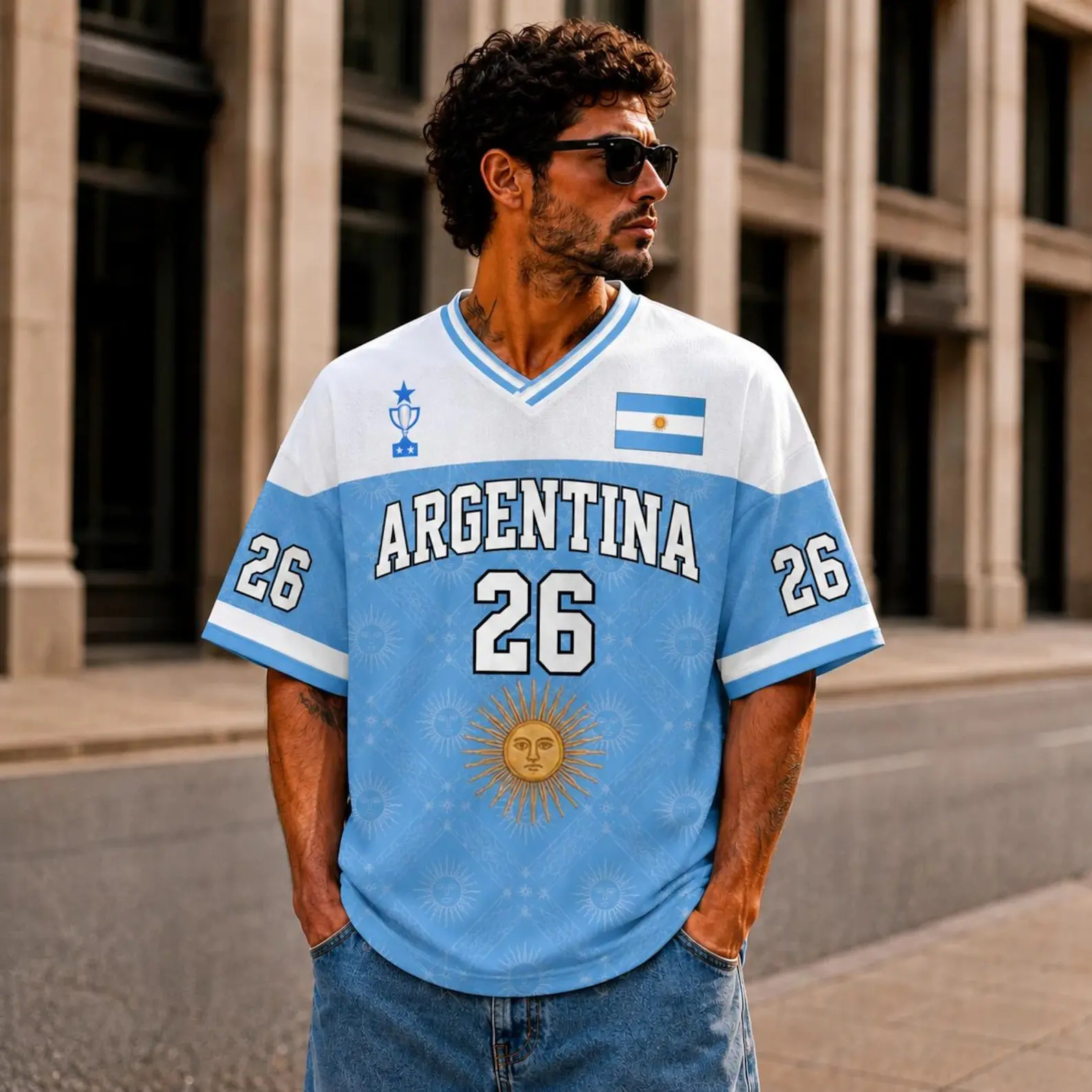 Argentina Soccer Jersey, Albiceleste Match 26 Football Fan Shirt, Argentina Game Day Tee, Blue Soccer Jersey, Personalized Sports Gift