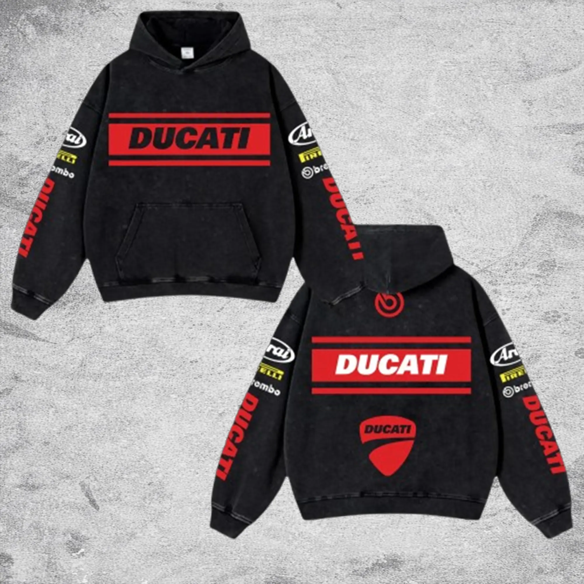 Ducati Racing Retro Unisex Acid Washed Hoodie Hoodie Motor World Champion Enthusiast Apparel Streetwear Helmet Racing Team Super Motorsports Clothing Riders Motocross Off-Road Dirt Bike Fan Gear Cotton For Motor Fan