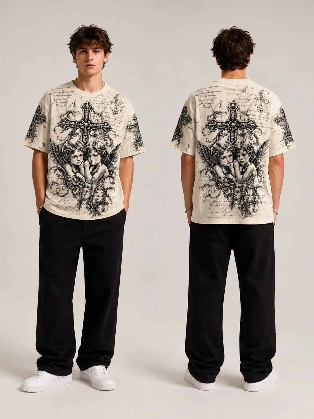 Men's Cherub Angel Cross Graphic T-Shirt, Oversized Vintage Cream Front and Back Print Tee, Gothic Baroque Streetwear Top Casual Menswear
