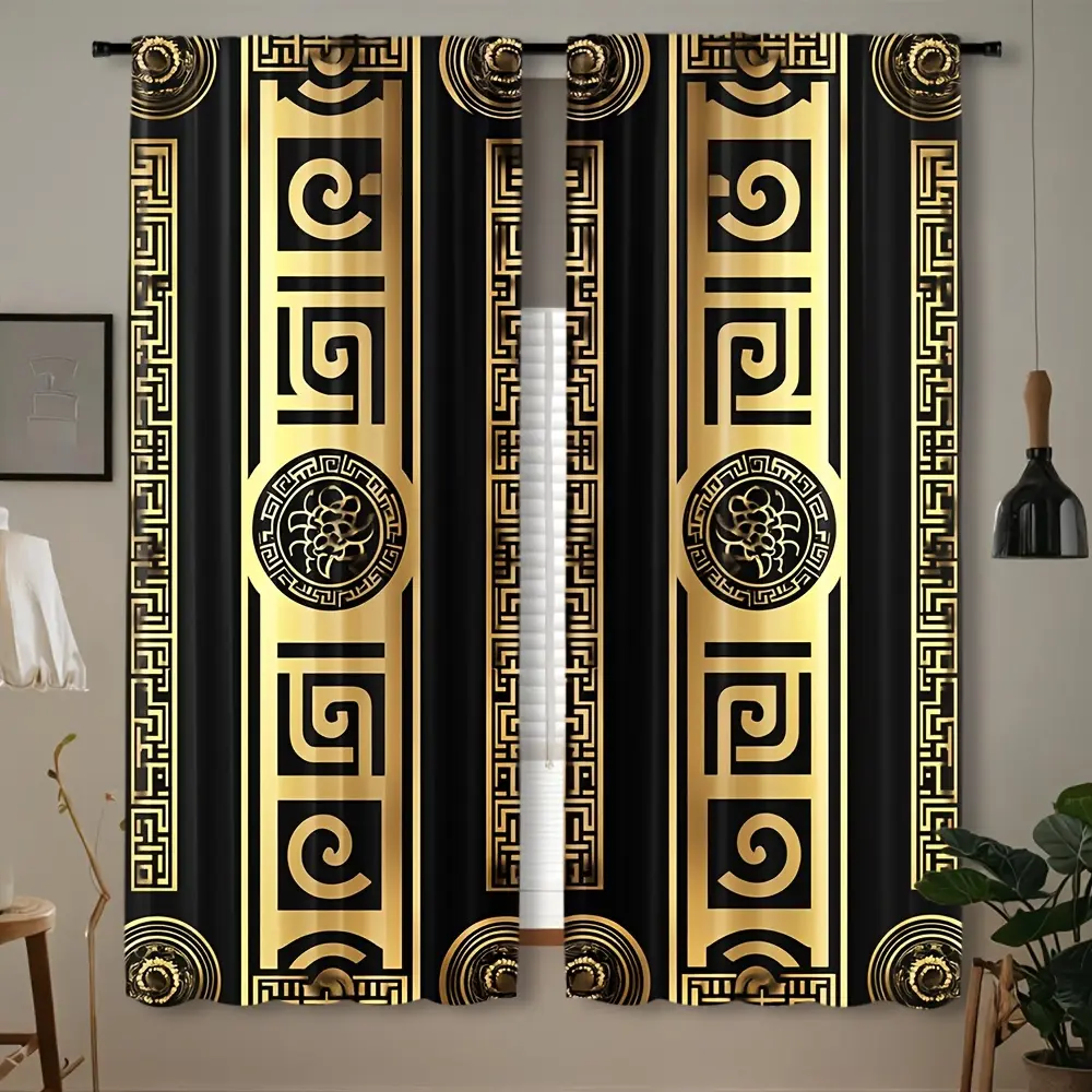2-piece set, curtains, classic design, black and gold Greek key pattern, translucent privacy curtains, rod pockets, machine washable, suitable for living room bedroom decoration, easy to install, Home Decorative Curtain