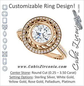 Cubic Zirconia Engagement Ring- The Sydney Ava (Customizable Cathedral-Bezel Round Cut Filigreed Design with Halo & Pavé Accents)