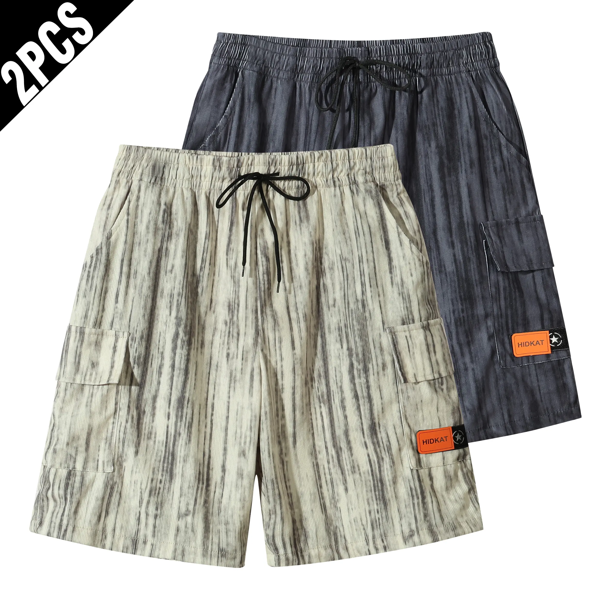Men's 2-Pack Vertical Streak Tie-Dye Cargo Vertical Shorts, Elastic Drawstring, Dual Cargo Pockets, Brand Tag, Loose Knee-Length for Street & Work