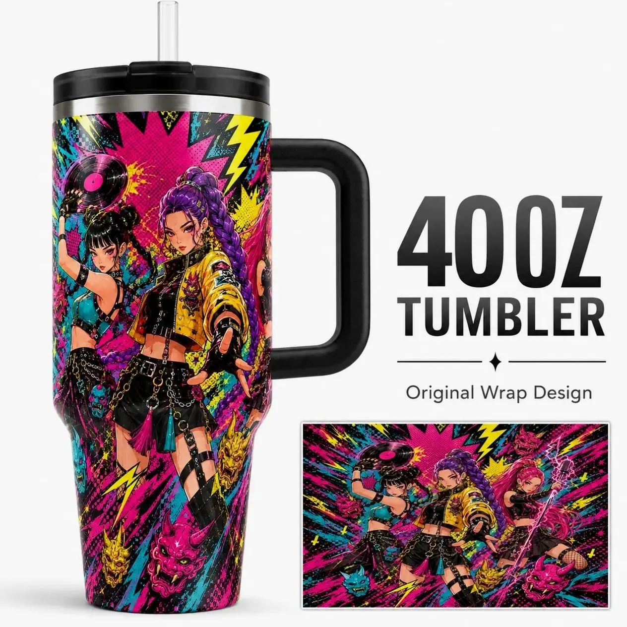 40 oz Insulated Tumbler with Handle and Straw, Stainless Steel Vacuum Travel Mug, Double Wall Leak-Proof BPA-Free Large Capacity Cup, KPOP Anime Style Water Bottle for Car Office Gym Travel Gift