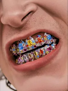 Colorful Gemstone Dental Grillz, Hip Hop Punk Style Zircon Teeth Grille, Unisex Bright Cool Teeth Accessories, Halloween Christmas Party Decor
