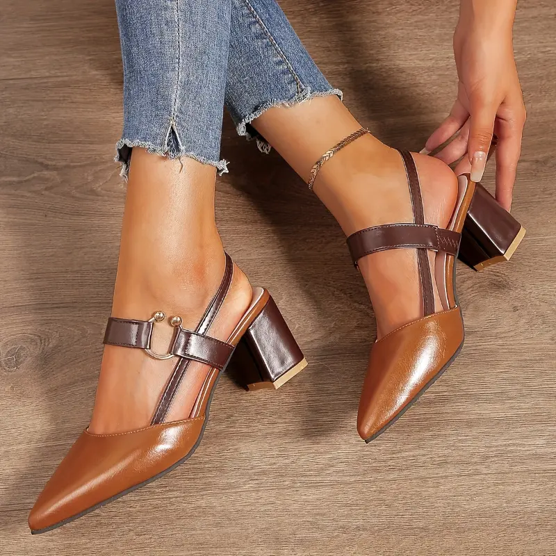 [High Heel Block Sandals Women's] Women's Pointed Toe Block High Heel Sandals, Fashion Solid Color Slingback Shoes, Versatile Mid Heels