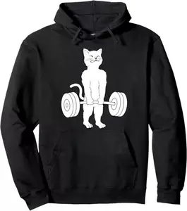 Cat Deadlift Hoodie - Powerlifting Kitty Sweater, Muscle Cat Pullover Hoodie