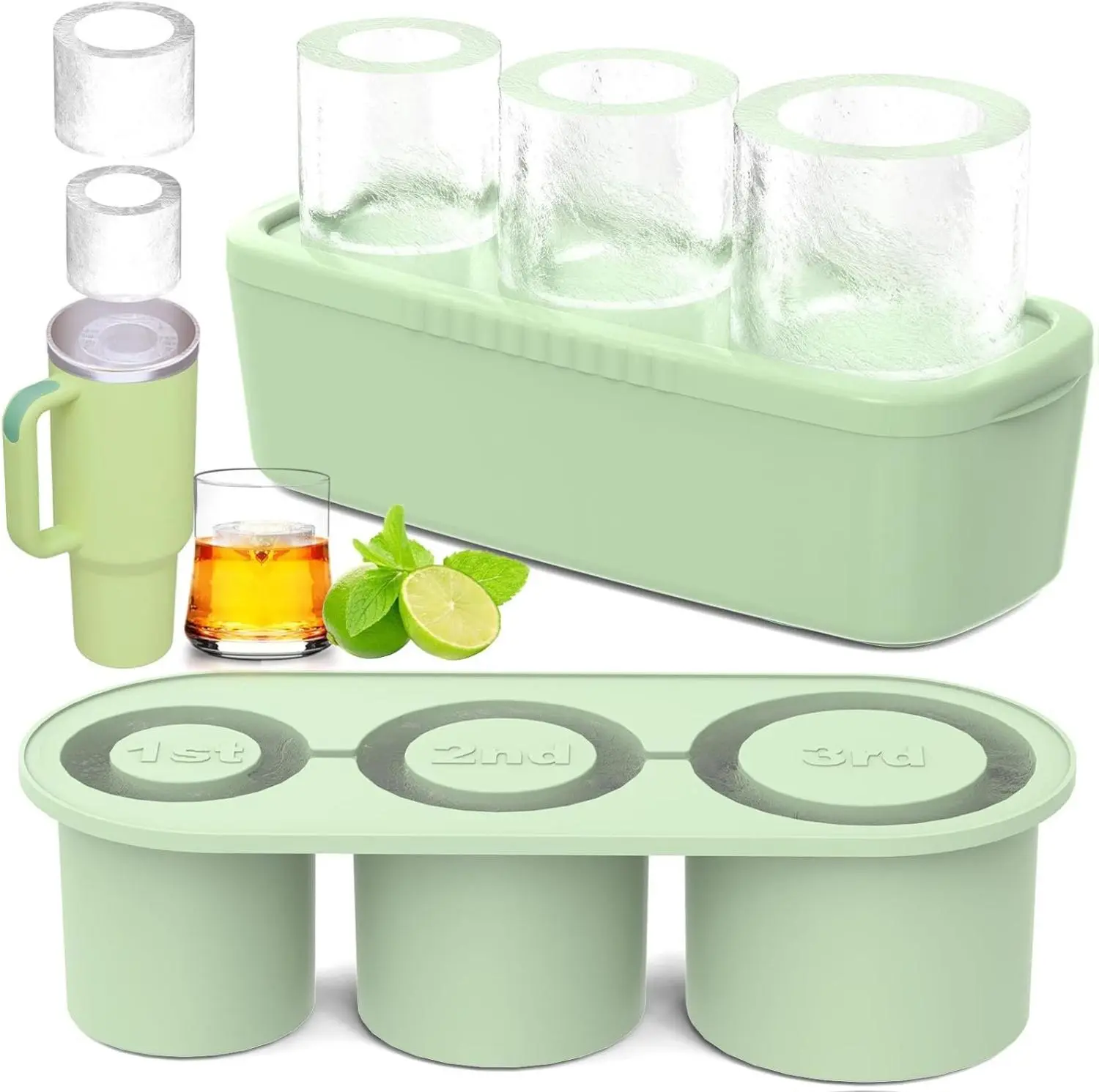 Ice Cube Tray for Tumbler Cup 30Oz-40Oz, 3 Pcs Silicone Cylinder Ice Mold with Lid and Bin for Freezer, Easy Fill and Release Ice Maker for Whiskey, Cocktail BPA-Free Coffee Utensils Flexible Plastic