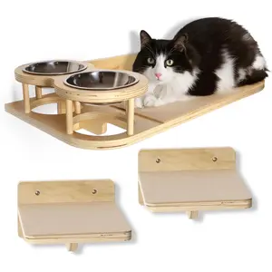 Cat Climbing Shelf with Feeding Bowls – Cat Food Shelf with Steps – Pet Furniture Wall Hammock for Indoor Cats – Durable Plywood Wall Mounted Wooden Shelves with Steps