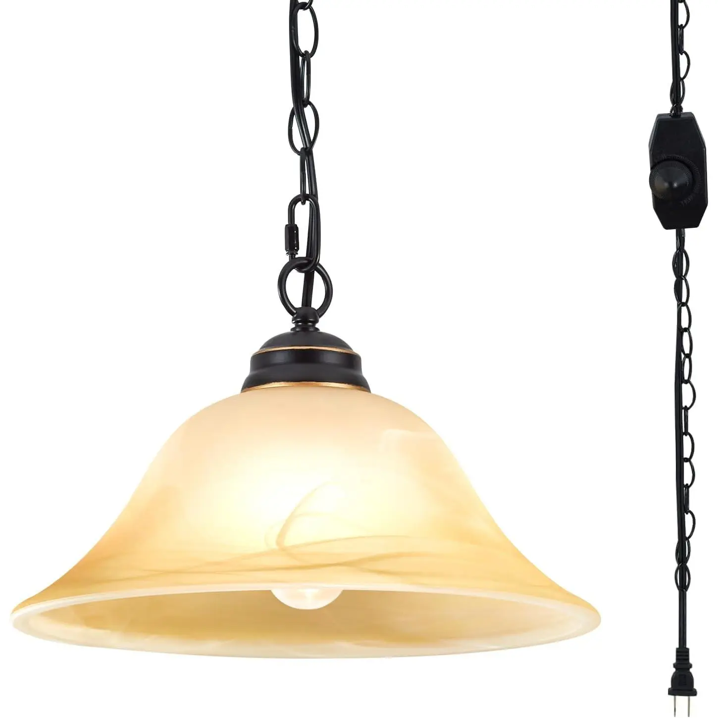 Plug-in Black Pendant Light Fixture with Retro Alabaster Glass Shade, Adjustable Lighting Modes Indoor Home Decor Light, 16.4Ft Cord & 14.7Ft Chain for Kitchen Sink, Corner Nook, Indoor Lighting