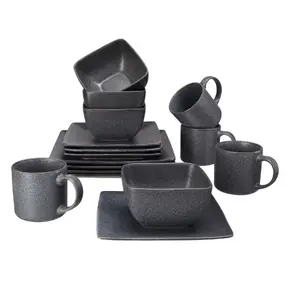 Dark Gray Square Stoneware 16-Piece Dinnerware Set for Kitchen and Dining - Cookware Cutlery Round