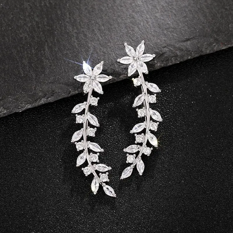 Women's European-Style Full-Diamond Flower Earrings - Copper Base, Korean Look, Leaf Motifs, Fashion Costume Jewelry Accessories, Flower Shape, Small Parts Warning
