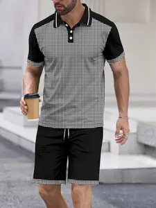 Men's Checkered Print Two-Piece Set, Casual Short Sleeve Button-Up Shirt, Summer Street Style Business Leisure Suit, Slim-Fitting