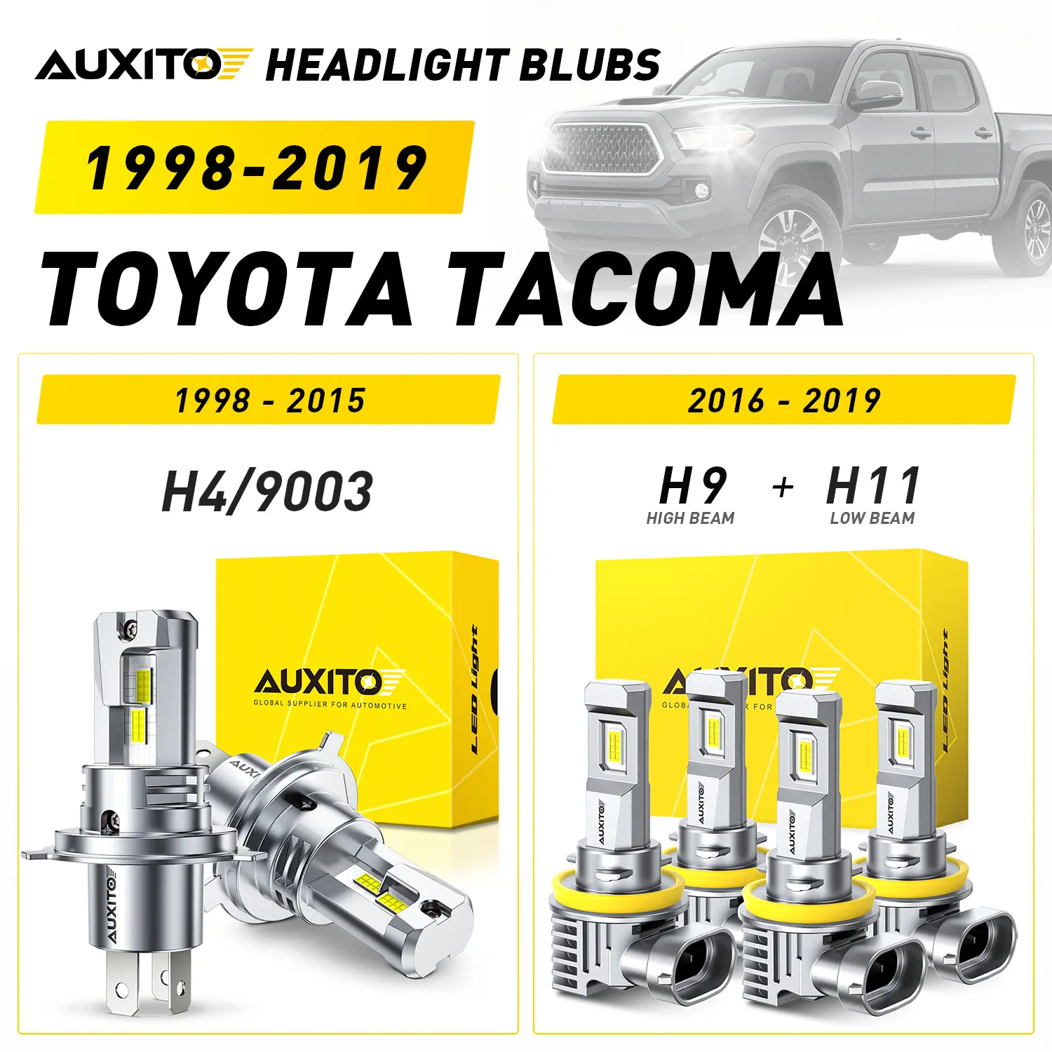 1998-2019 Toyota Tacoma AUXITO LED Headlight Bulbs, H4/9003 (1998-2015), H9 High Beam & H11 Low Beam (2016-2019),40000LM 6500K Cool White, Anti-glare,CANBUS Ready,No error,No Flickering, Plug and Play