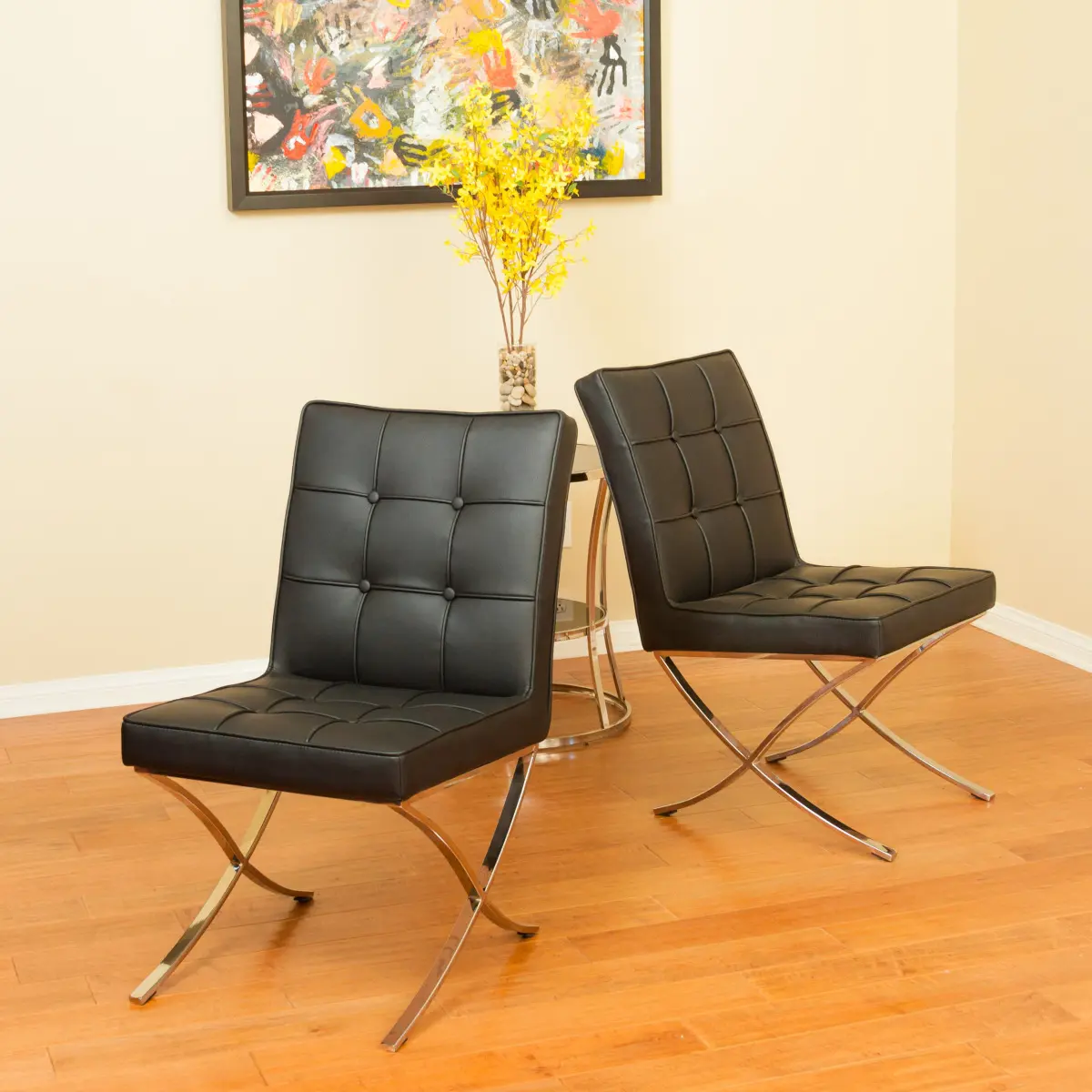 20*27.5*35.25 Inch Black Leather Dining Chairs Set of 2, Button Tufted Waffle Stitch Accent Chairs, X-Shaped Silver Stainless Steel Legs Modern Upholstered Leisure Chairs Easy Assembly for Dining Room Living Room