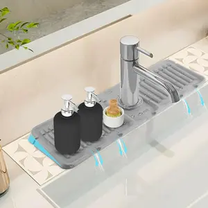 IMOLI   Multi-functional silicone folding mat for kitchen sink faucets (splash-proof + draining + protection), silicone folding splash cover, draining mat with button lock, sink faucet protective mat, kitchen sink accessories.