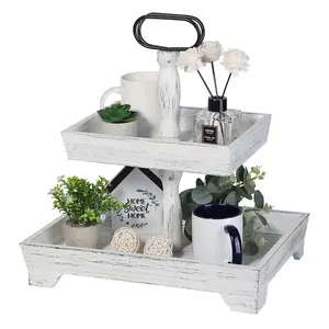 Farmhouse Tiered Tray Stand Wood, Rustic Tiered Tray Decor Holder 2 Tiered Decorative Wooden Serving Tray Rectangular with Metal Handle for Kitchen Table Decor Housewarming Gifts White