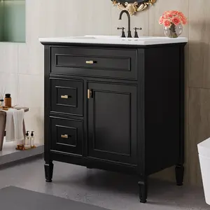 30" Bathroom Vanity with Sink, Bathroom Vanity Cabinet with One Flip Drawer and Two Drawers, Adjustable Shelf, Solid Wood and MDF, Black