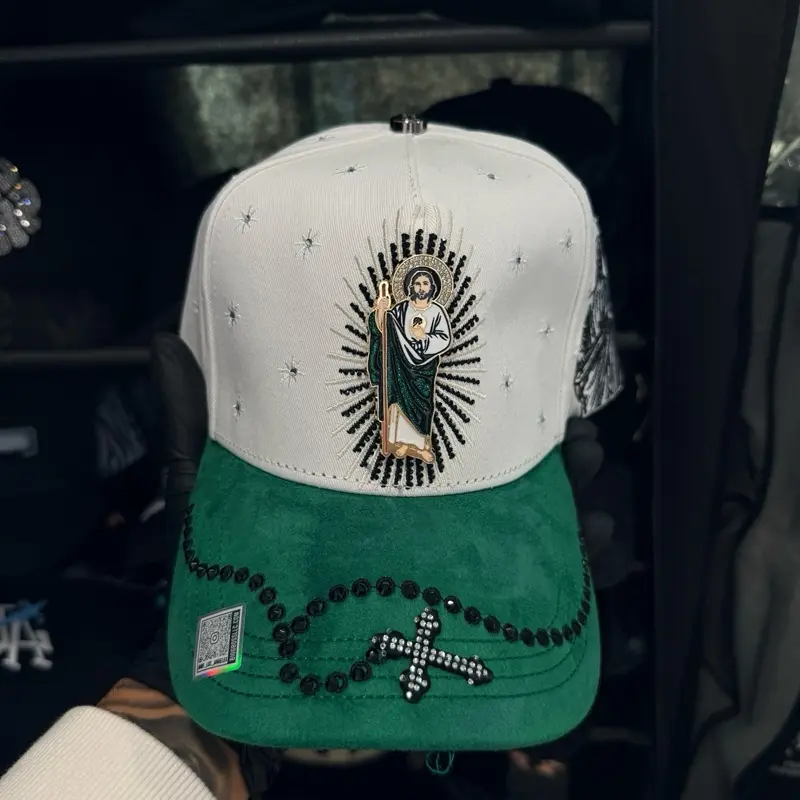 Unisex San Judas Tadeo White & Green Baseball Cap, Cross Design, Beaded Trim