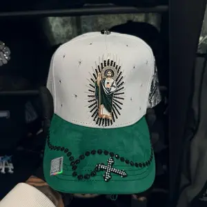 Unisex San Judas Tadeo White & Green Baseball Cap, Cross Design, Beaded Trim