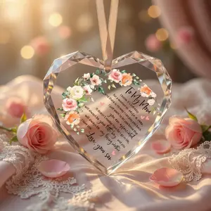 Crystal Glass Heart Mothers Day Gifts for Mom, Birthday Keepsake Plaque 10x10cm, Floral Pattern Desktop Decoration, Thoughtful Present for Mom from Daughter Son