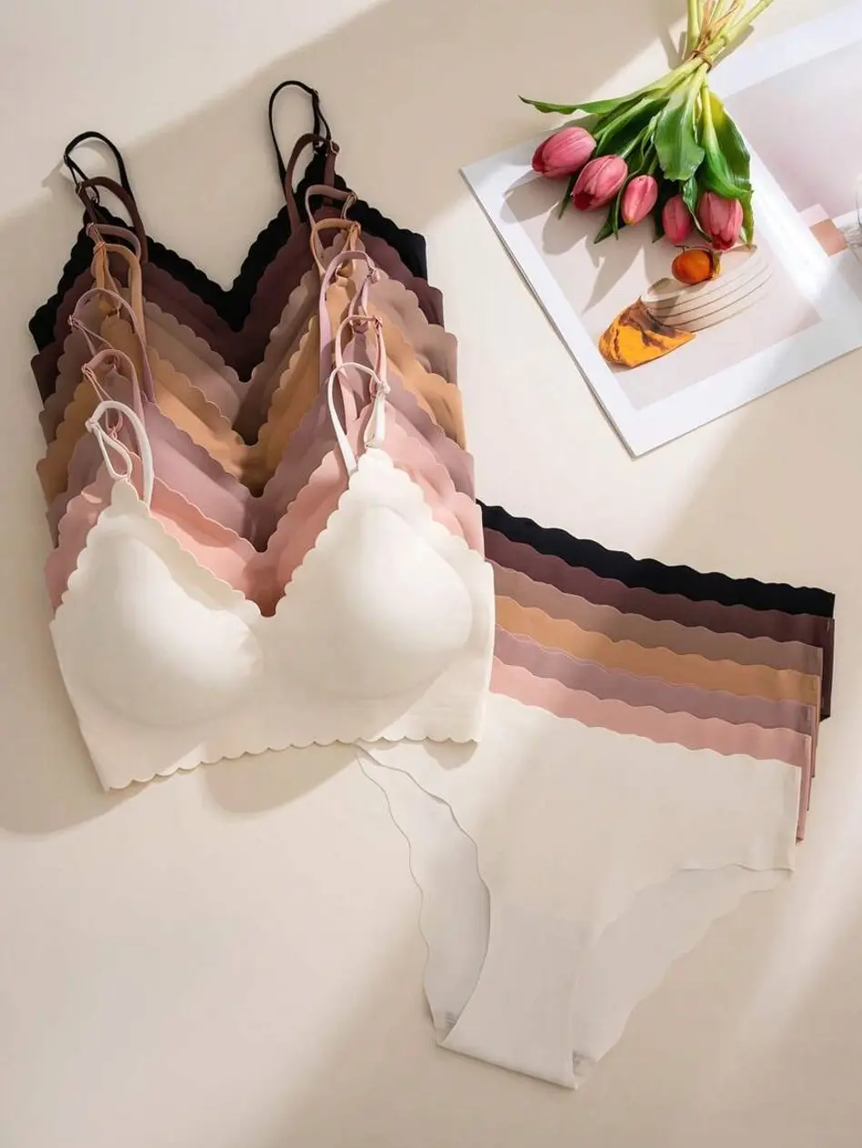 14-Piece Seamless Lingerie Set with Wavy Hem, Wireless Bralettes and Briefs