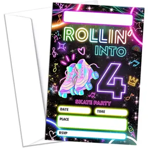 4th Roller Skating Birthday Party Invitations, 20 count Skate Party Invitations with Envelopes, Roller Skate Theme Birthday Invites for Boys Girls, 4th Birthday Party Supplies (4x6 inch)