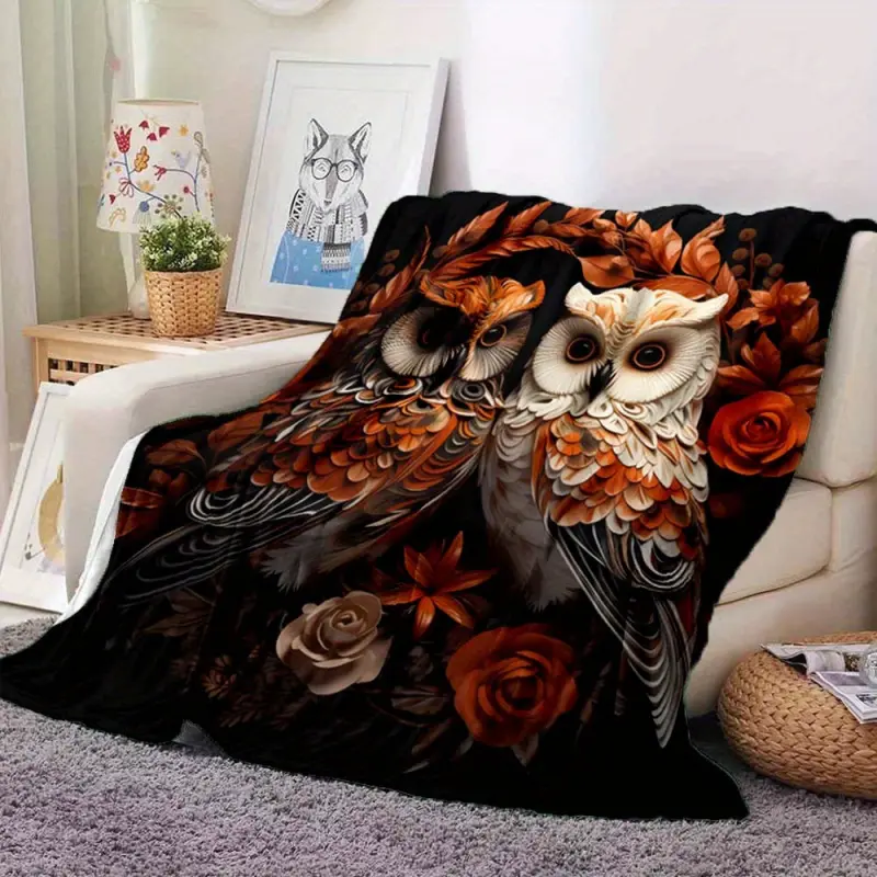 Large Warm And Comfortable Owl Pattern Sofa Blanket - Suitable For Bed, Home Office |   Spacious Size ≥2.16M², Longest Side ≥70.87 Inches |   Multi-Purpose Floral & Owl Design