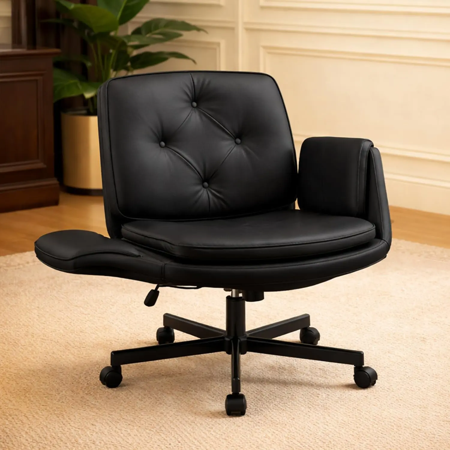 MOJAY Criss Cross Chair with Wheels & Adjustable Arms, Wide PU Leather Vanity Chair, Swivel Cross Legged Desk Chair for Home Office, Pet-Friendly