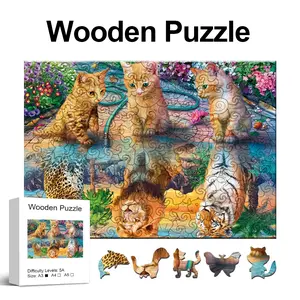 Adult Wooden Handmade Puzzle Cat Tiger Reflection, Animal Theme, Beautiful Packaging Animal Jigsaw, Unique Shape Pieces, Perfect Family Game Gift